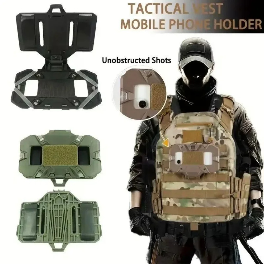 Mobile Tech Accessories - 戦術用MOLLEベスト用フォンホルダー、折りたたみ式チェストマウントスマートフォンブラケット、アウトドアハンティング、CSゲーム、射撃活動用