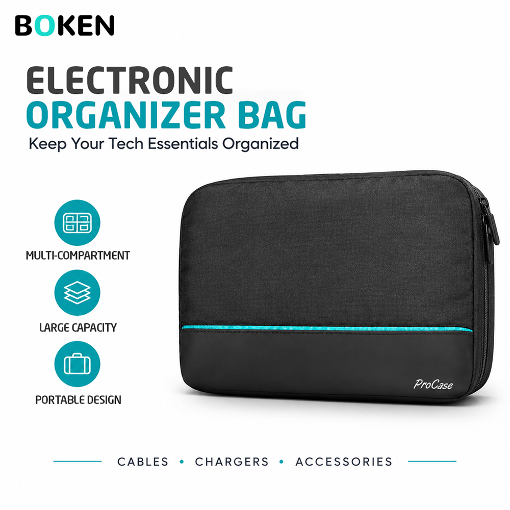 Tech Accessories Travel Organizer Pouch - 旅行用テックオーガナイザーバッグ。電子機器やアクセサリーを収納できる、充電器、USBケーブル、電源アダプター、SDカード、イヤホンなどを携帯できるポータブル収納ポーチ。