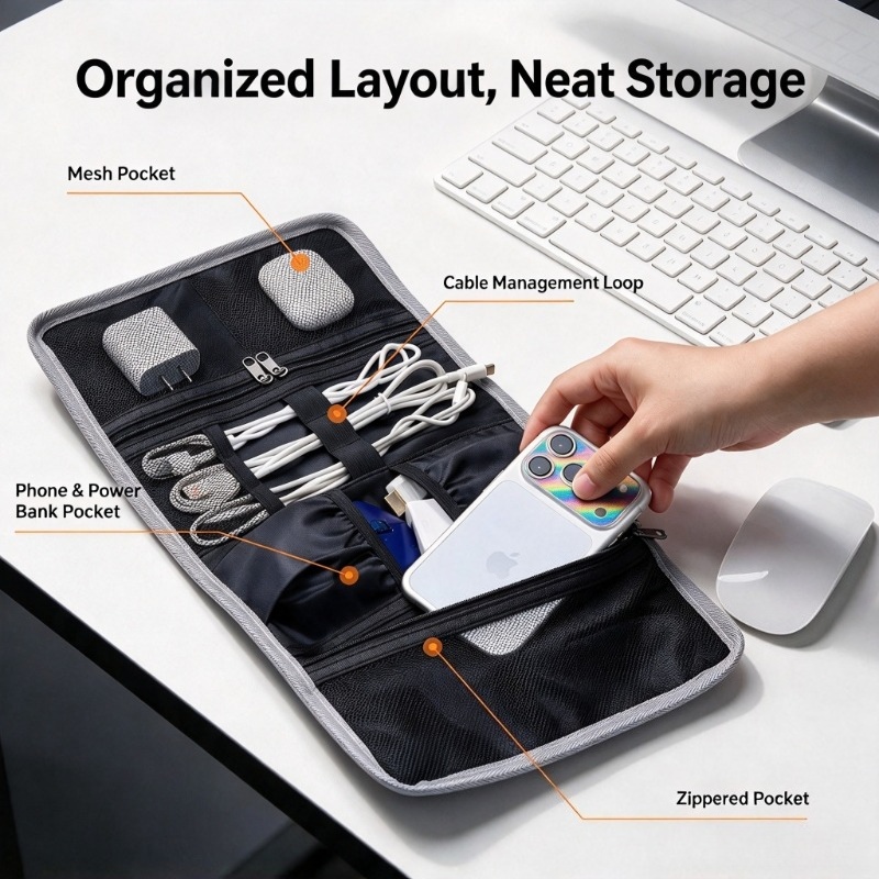 大容量ケーブル収納バッグ。USB充電器やイヤホンケーブルなど - Tech Accessories Travel Organizer Pouch のレビューと価格